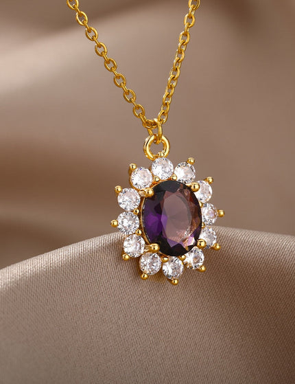 Romelle Pendant Necklace | Gold Zirconia Purple Stone Chain - Gold - Necklaces