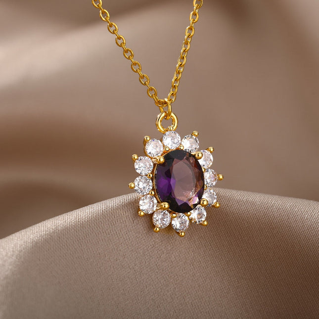 Romelle Pendant Necklace | Gold Zirconia Purple Stone Chain - Gold - Necklaces