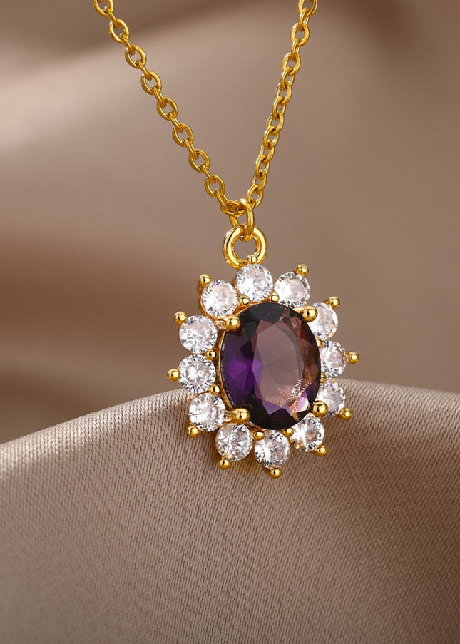 Romelle Pendant Necklace | Gold Zirconia Purple Stone Chain - Gold - Necklaces
