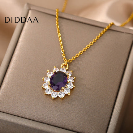 Romelle Pendant Necklace | Gold Zirconia Purple Stone Chain - Necklaces