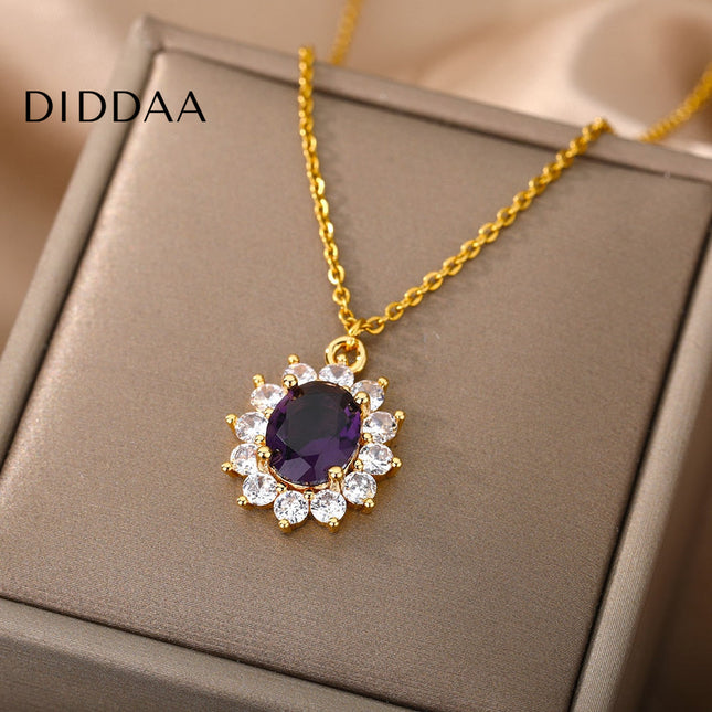 Romelle Pendant Necklace | Gold Zirconia Purple Stone Chain - Necklaces