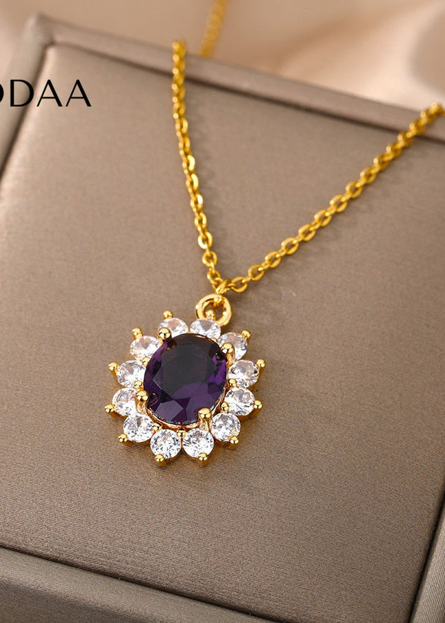 Romelle Pendant Necklace | Gold Zirconia Purple Stone Chain - Necklaces