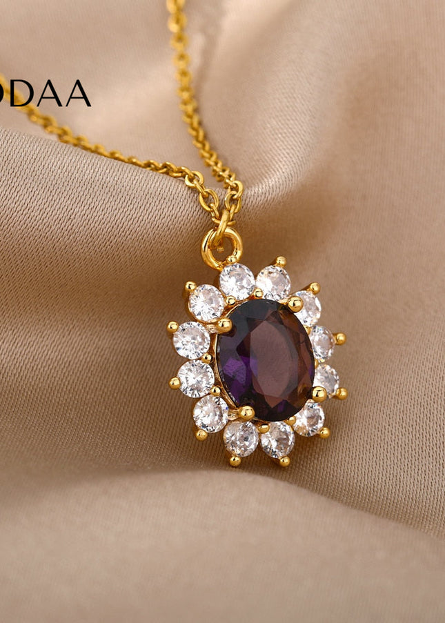 Romelle Pendant Necklace | Gold Zirconia Purple Stone Chain - Necklaces