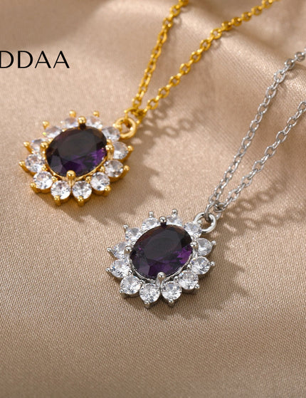 Romelle Pendant Necklace | Gold Zirconia Purple Stone Chain - Silver - Necklaces