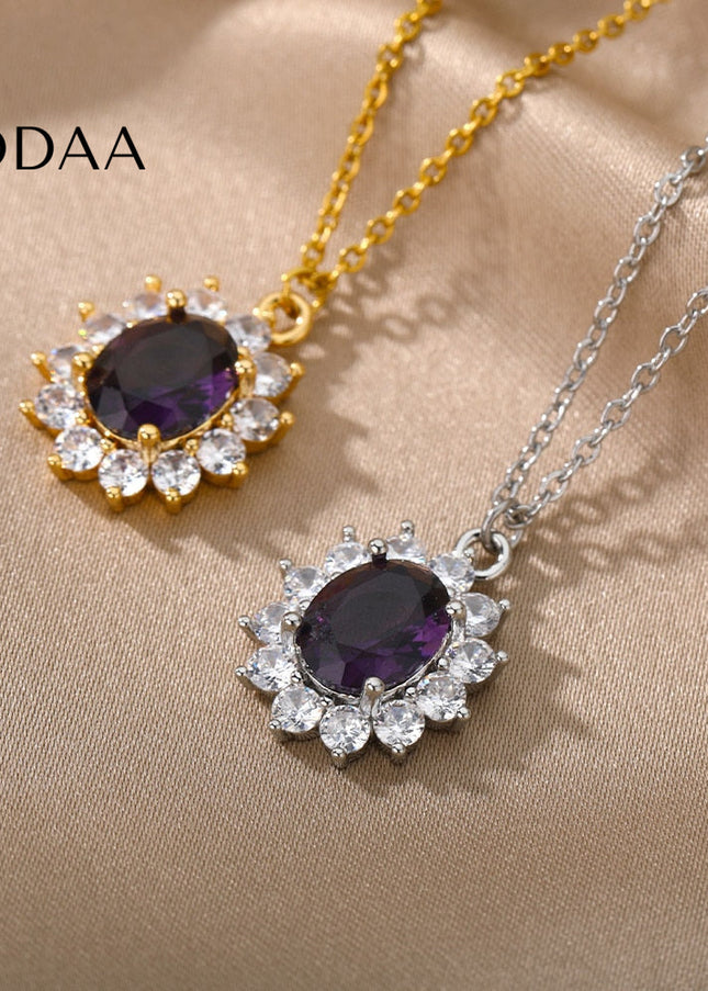 Romelle Pendant Necklace | Gold Zirconia Purple Stone Chain - Silver - Necklaces