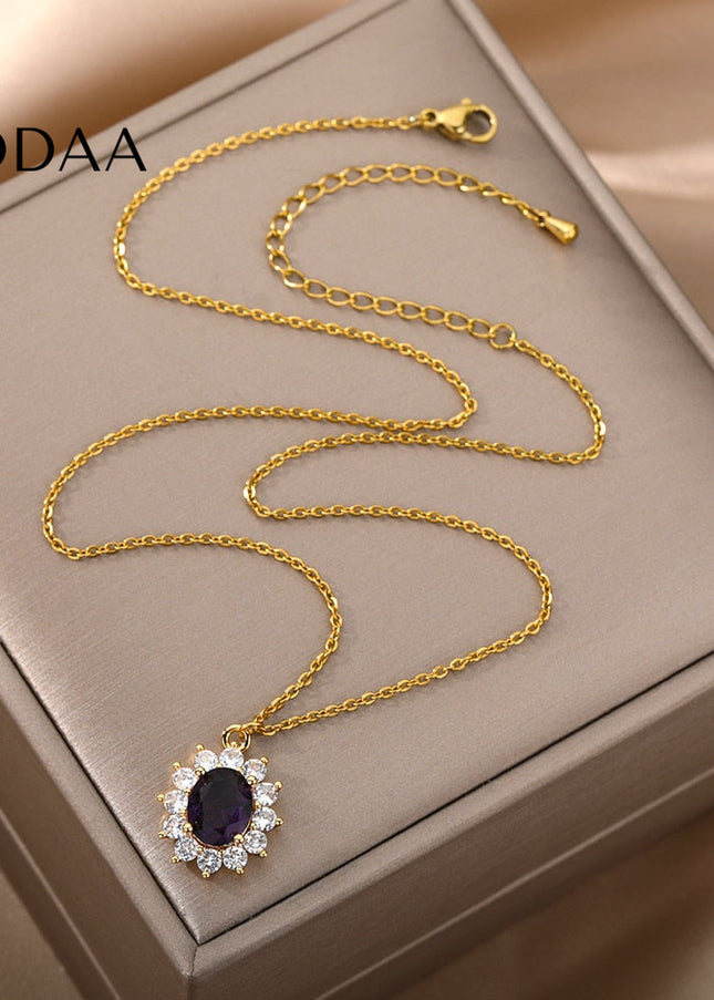 Romelle Pendant Necklace | Gold Zirconia Purple Stone Chain - Necklaces