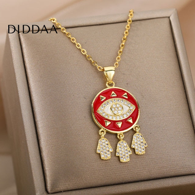 Savait Pendant Necklace | Gold Black Evil Eye Chain - Red - Necklaces