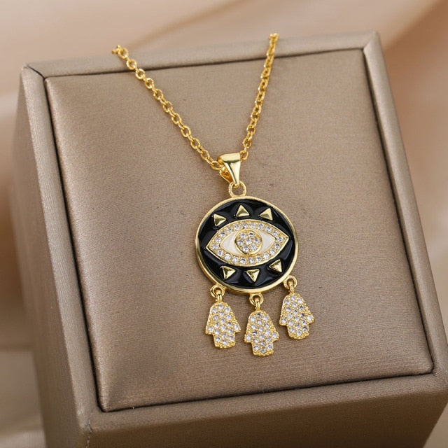 Savait Pendant Necklace | Gold Black Evil Eye Chain - Black - Necklaces