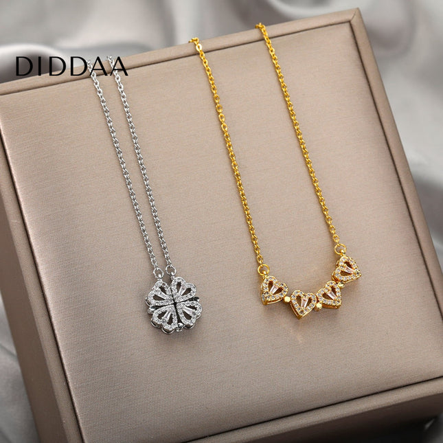 Rendre Pendant Necklace | Gold Silver Four Leaf Clover Zirconia Chain - Silver - Necklaces