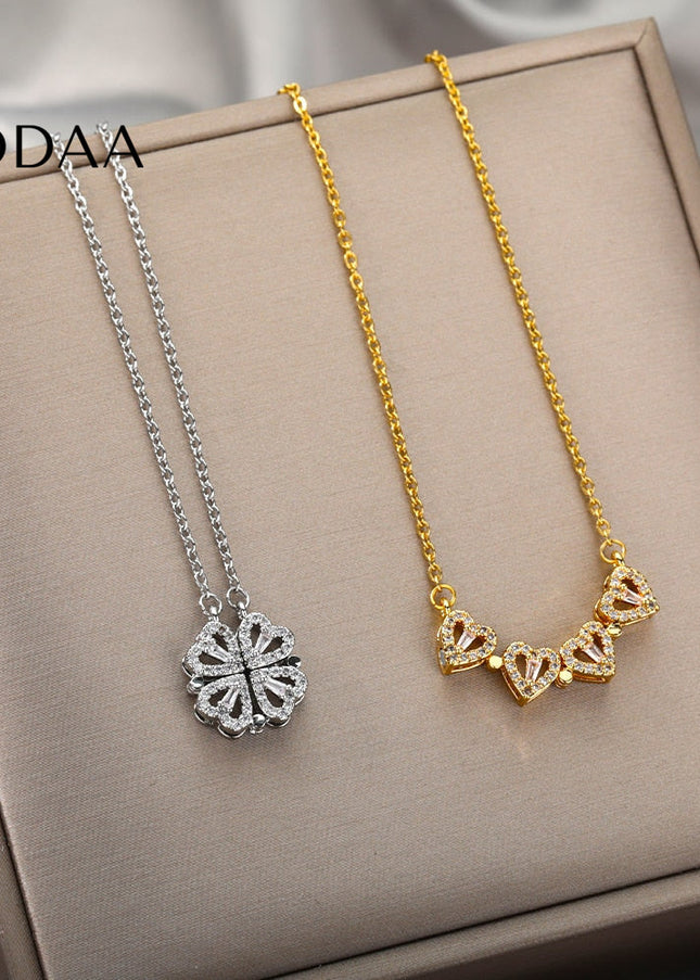 Rendre Pendant Necklace | Gold Silver Four Leaf Clover Zirconia Chain - Silver - Necklaces