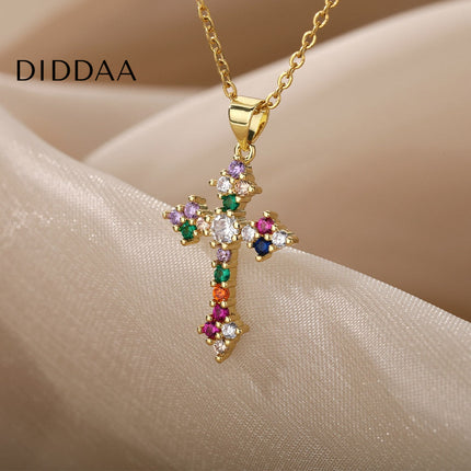 Monmont Pendant Necklace | Gold Cross Colorful Zirconia Chain - Gold - Necklaces