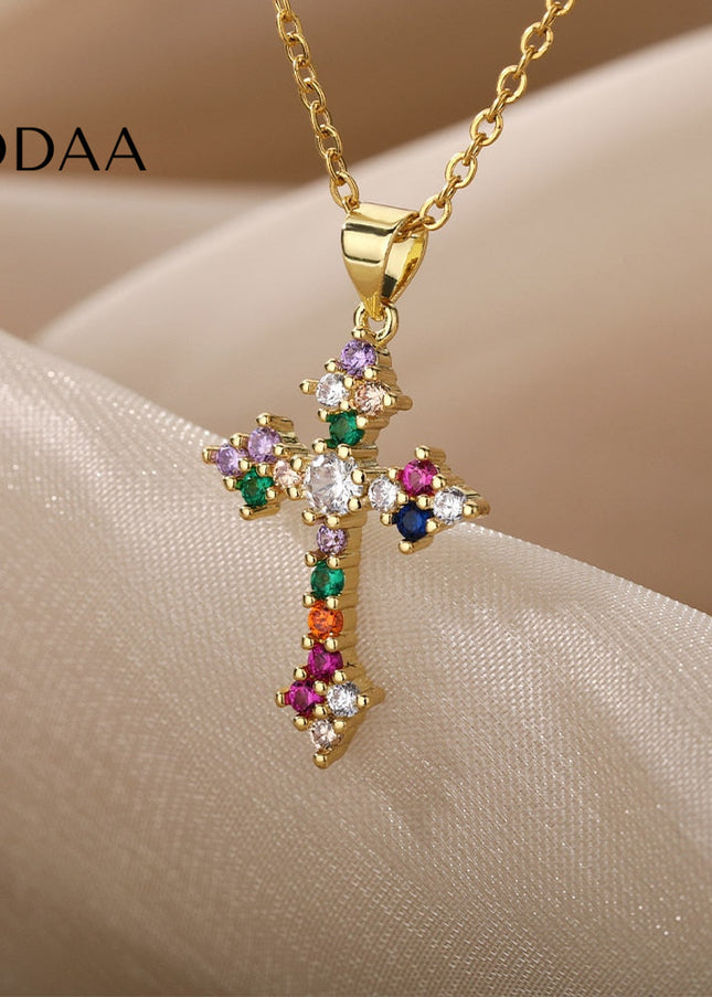Monmont Pendant Necklace | Gold Cross Colorful Zirconia Chain - Gold - Necklaces