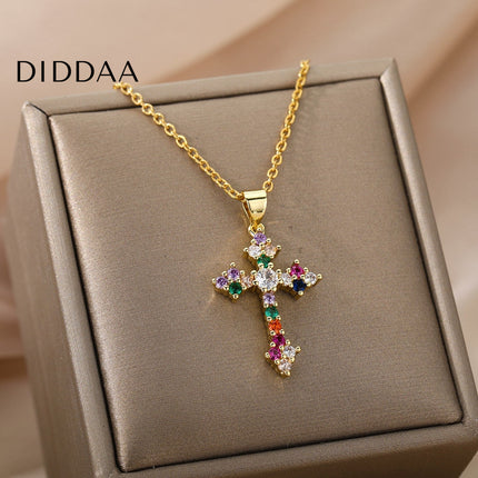 Monmont Pendant Necklace | Gold Cross Colorful Zirconia Chain - Gold - Necklaces