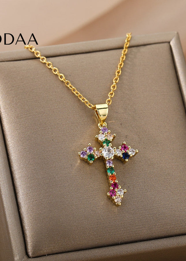 Monmont Pendant Necklace | Gold Cross Colorful Zirconia Chain - Gold - Necklaces