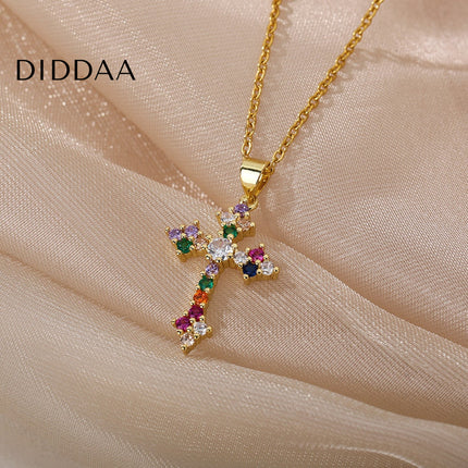 Monmont Pendant Necklace | Gold Cross Colorful Zirconia Chain - Gold - Necklaces