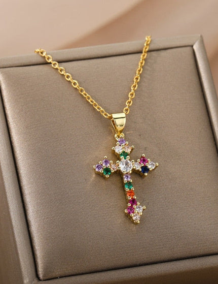 Monmont Pendant Necklace | Gold Cross Colorful Zirconia Chain - Gold - Necklaces
