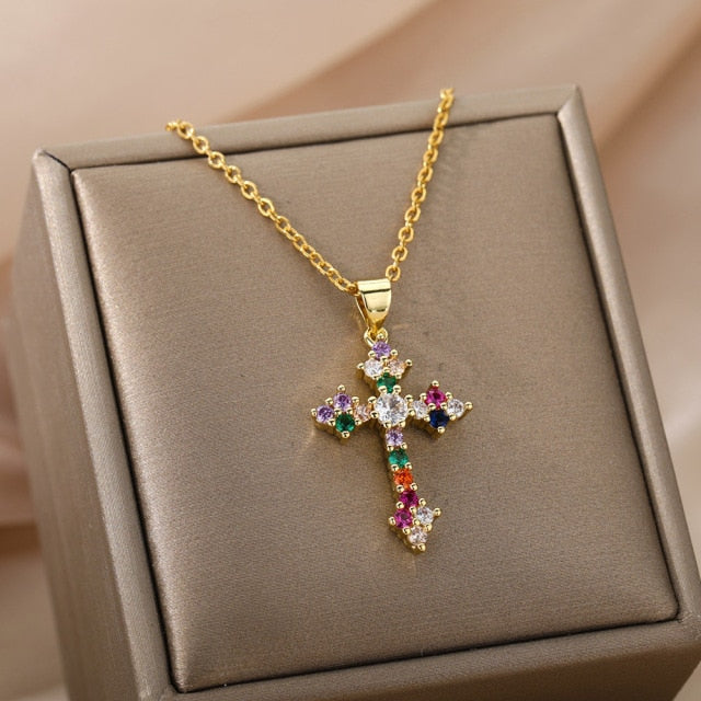 Monmont Pendant Necklace | Gold Cross Colorful Zirconia Chain - Gold - Necklaces