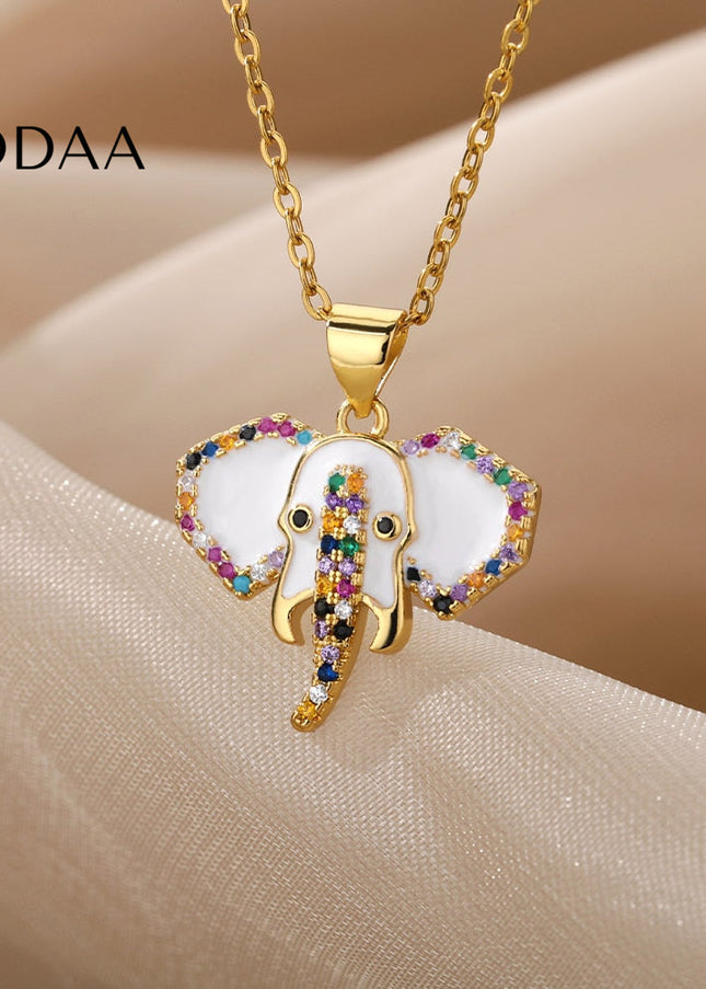 Faisont Pendant Necklace | Gold Zirconia Elephant Animal Chain - Necklaces