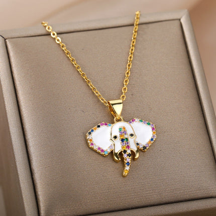 Faisont Pendant Necklace | Gold Zirconia Elephant Animal Chain - White - Necklaces