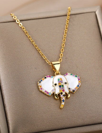 Faisont Pendant Necklace | Gold Zirconia Elephant Animal Chain - White - Necklaces