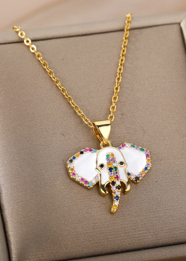 Faisont Pendant Necklace | Gold Zirconia Elephant Animal Chain - White - Necklaces