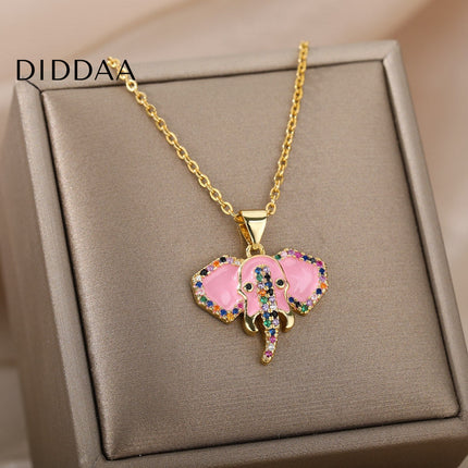 Faisont Pendant Necklace | Gold Zirconia Elephant Animal Chain - Pink - Necklaces