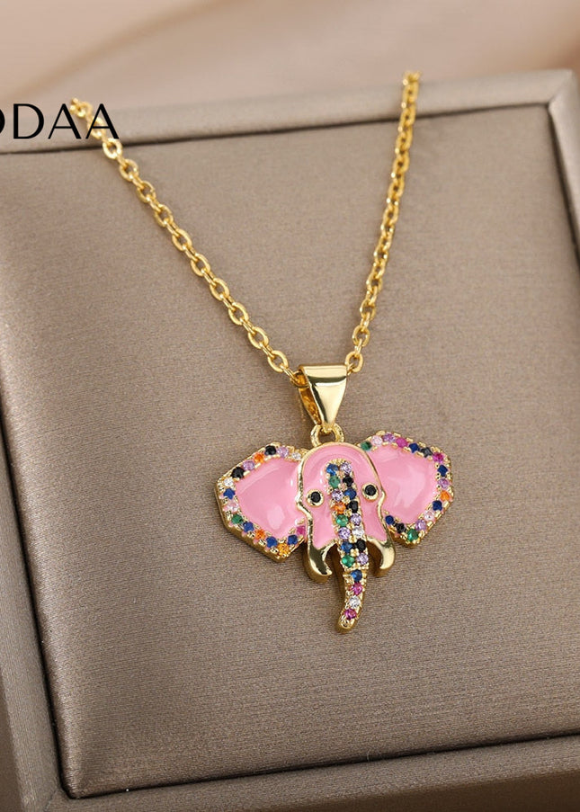 Faisont Pendant Necklace | Gold Zirconia Elephant Animal Chain - Pink - Necklaces