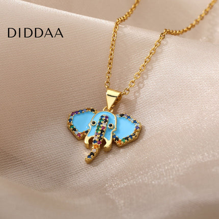 Faisont Pendant Necklace | Gold Zirconia Elephant Animal Chain - Blue - Necklaces