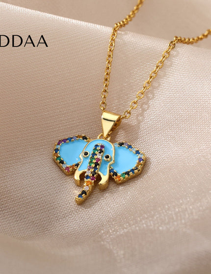 Faisont Pendant Necklace | Gold Zirconia Elephant Animal Chain - Blue - Necklaces