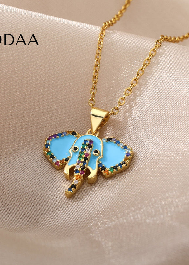 Faisont Pendant Necklace | Gold Zirconia Elephant Animal Chain - Blue - Necklaces