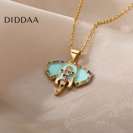 Faisont Pendant Necklace | Gold Zirconia Elephant Animal Chain - Teal - Necklaces
