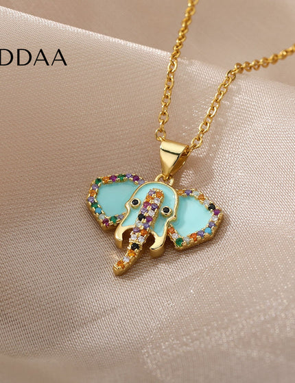 Faisont Pendant Necklace | Gold Zirconia Elephant Animal Chain - Teal - Necklaces