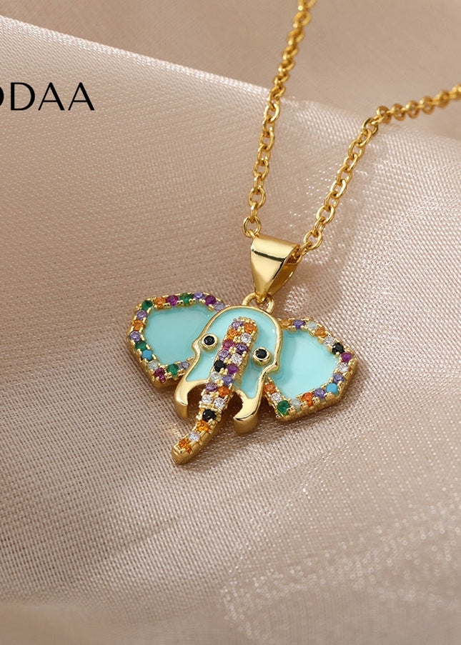 Faisont Pendant Necklace | Gold Zirconia Elephant Animal Chain - Teal - Necklaces