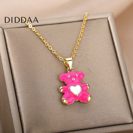Cozy Pendant Necklace | Gold Bear Animal Chain - Pink - Necklaces