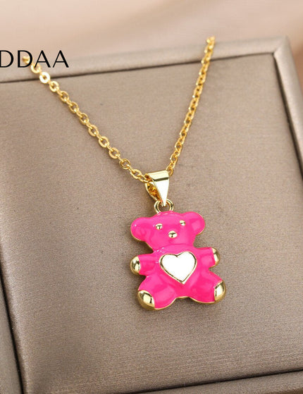 Cozy Pendant Necklace | Gold Bear Animal Chain - Pink - Necklaces