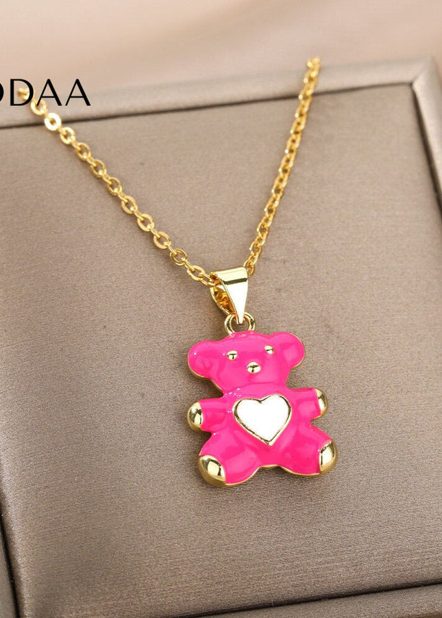 Cozy Pendant Necklace | Gold Bear Animal Chain - Pink - Necklaces