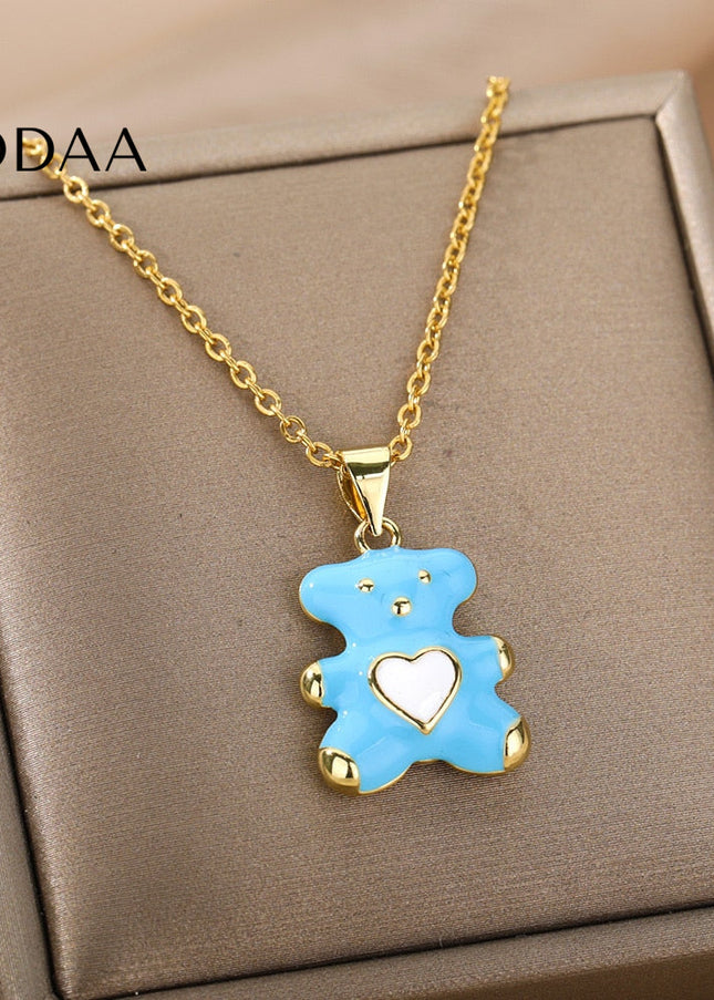 Cozy Pendant Necklace | Gold Bear Animal Chain - Blue - Necklaces