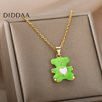 Cozy Pendant Necklace | Gold Bear Animal Chain - Green - Necklaces