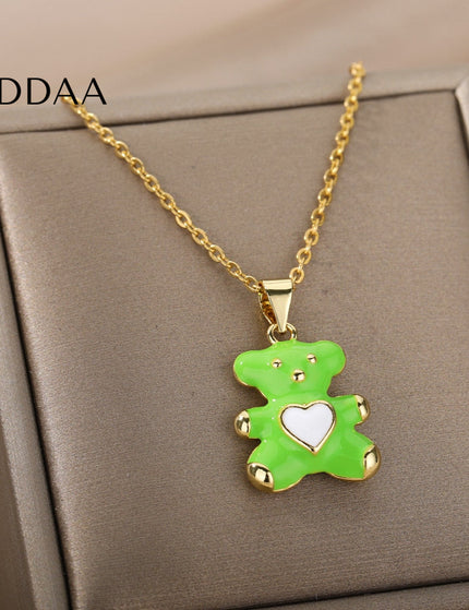 Cozy Pendant Necklace | Gold Bear Animal Chain - Green - Necklaces