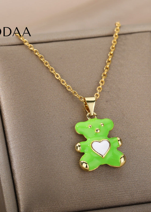 Cozy Pendant Necklace | Gold Bear Animal Chain - Green - Necklaces