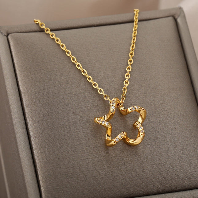 Regardan Pendant Necklace | Gold Zirconia Hollow Star Chain - Gold - Necklaces