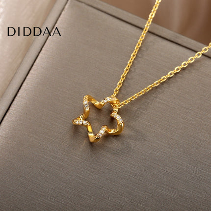 Regardan Pendant Necklace | Gold Zirconia Hollow Star Chain - Necklaces