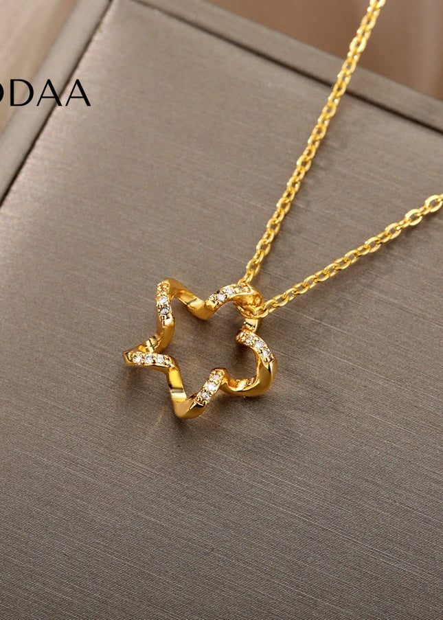 Regardan Pendant Necklace | Gold Zirconia Hollow Star Chain - Necklaces