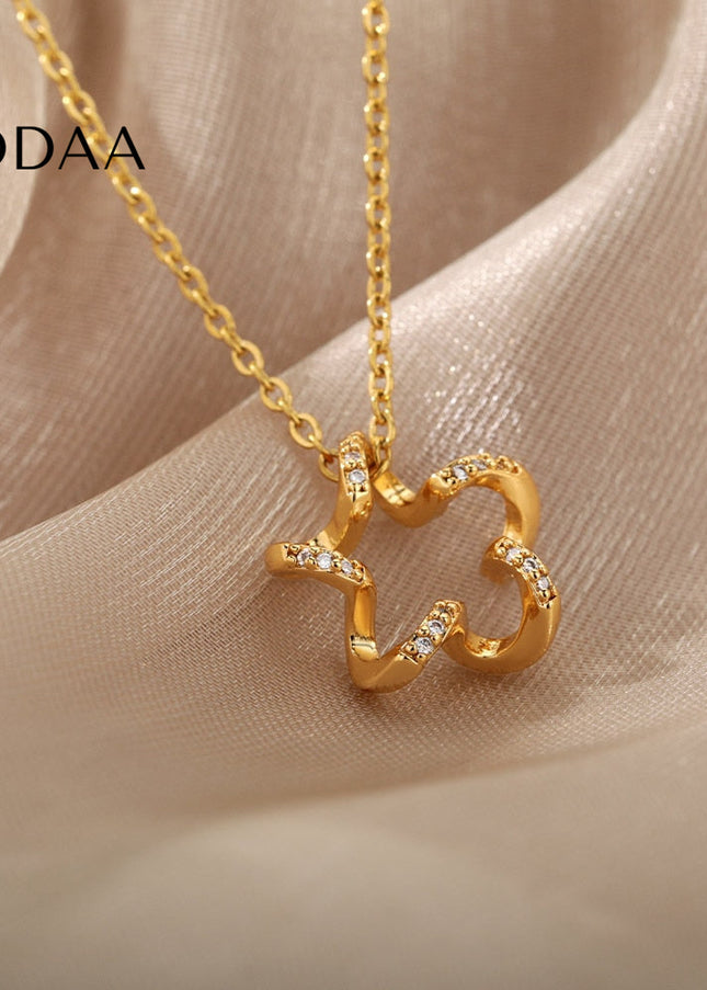 Regardan Pendant Necklace | Gold Zirconia Hollow Star Chain - Necklaces