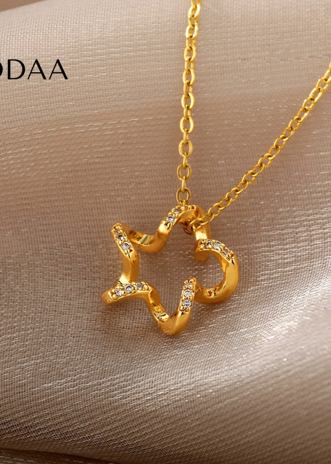 Regardan Pendant Necklace | Gold Zirconia Hollow Star Chain - Necklaces