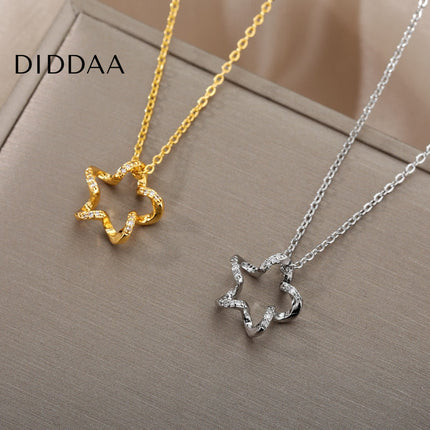 Regardan Pendant Necklace | Gold Zirconia Hollow Star Chain - Silver - Necklaces