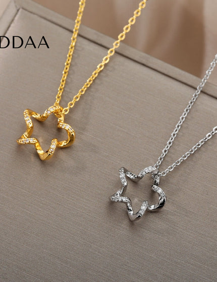 Regardan Pendant Necklace | Gold Zirconia Hollow Star Chain - Silver - Necklaces