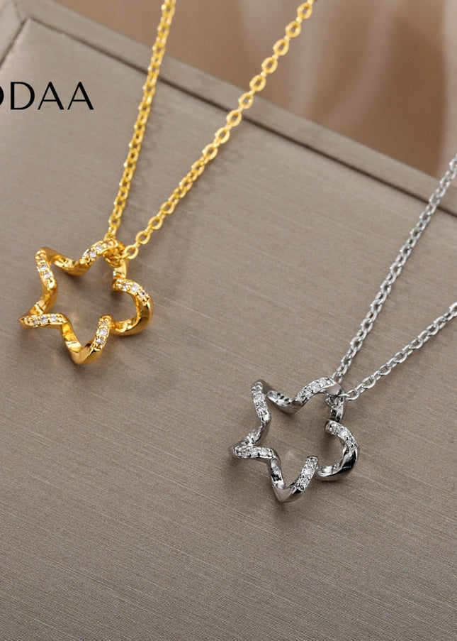 Regardan Pendant Necklace | Gold Zirconia Hollow Star Chain - Silver - Necklaces