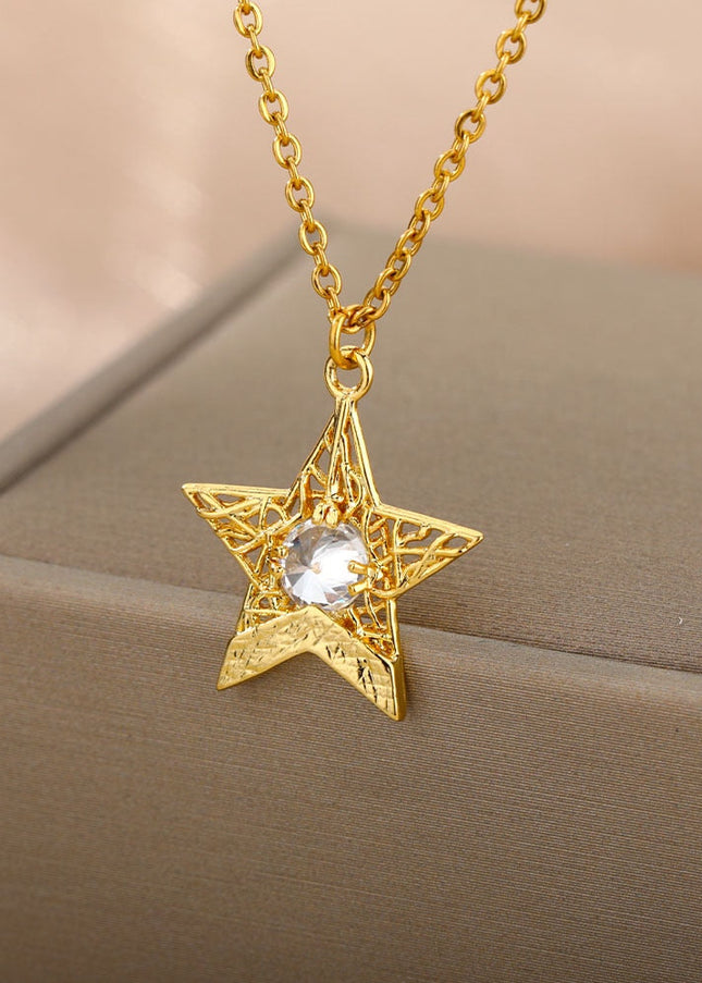Pentimate Pendant Necklace | Gold Zirconia Star Chain - Gold - Necklaces