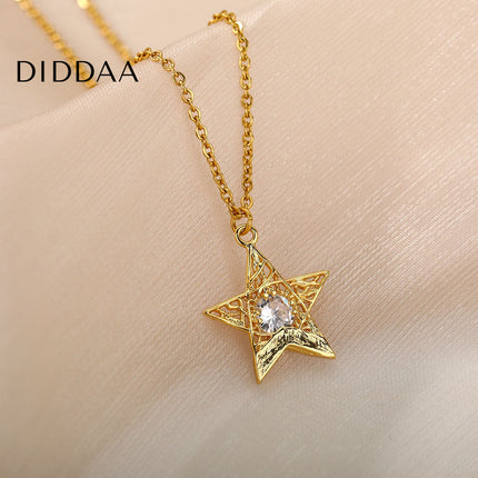 Pentimate Pendant Necklace | Gold Zirconia Star Chain - Gold - Necklaces
